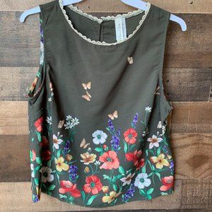 NWT Floral Pompom Detail Neckline Sleeveless Top